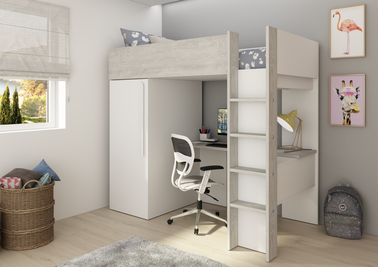 Dormitorio juvenil moderno con escritorio y armario DS459CP1