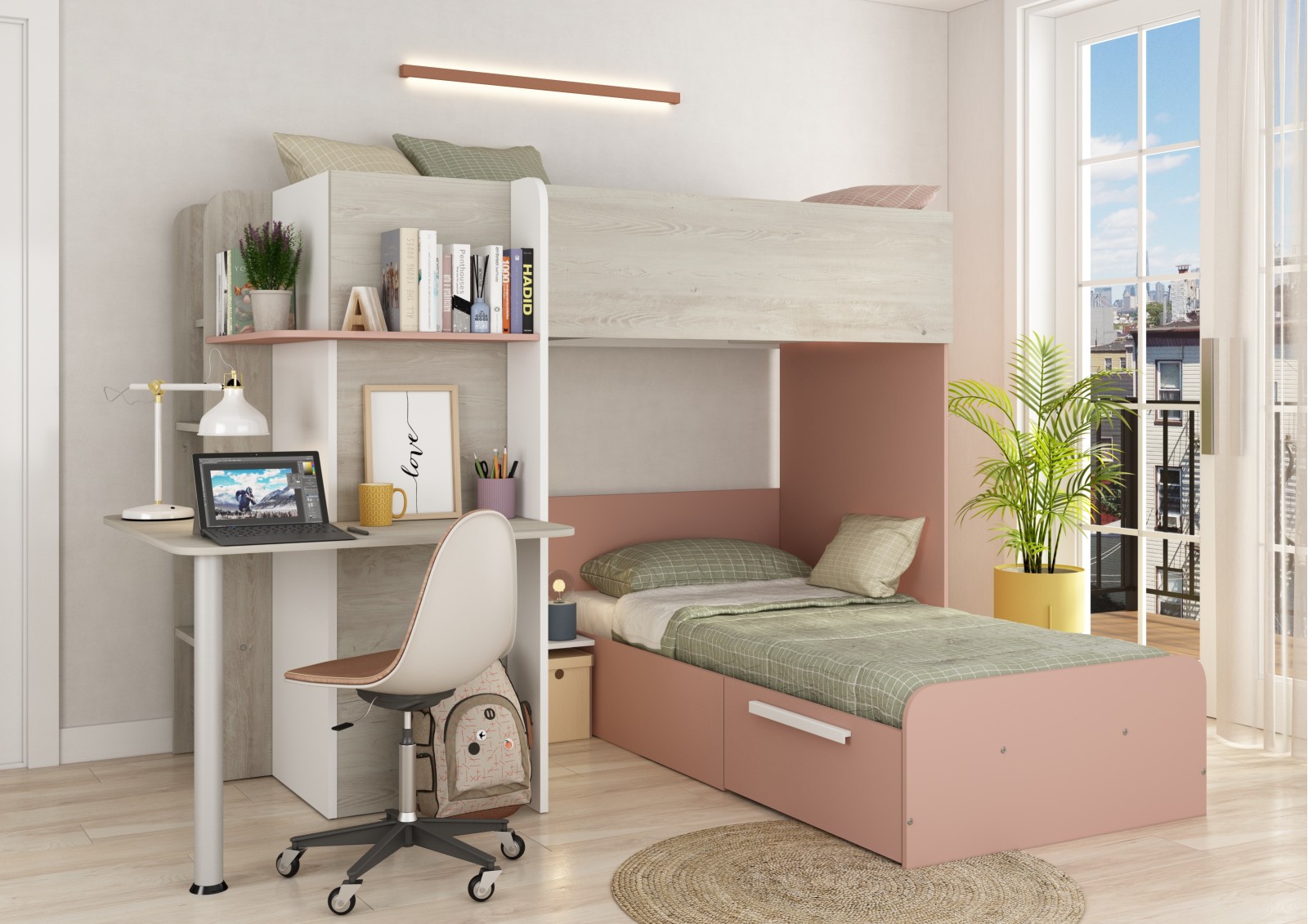 Bunkbed 90x190cm with desk, drawer and wardrobe.Palatino